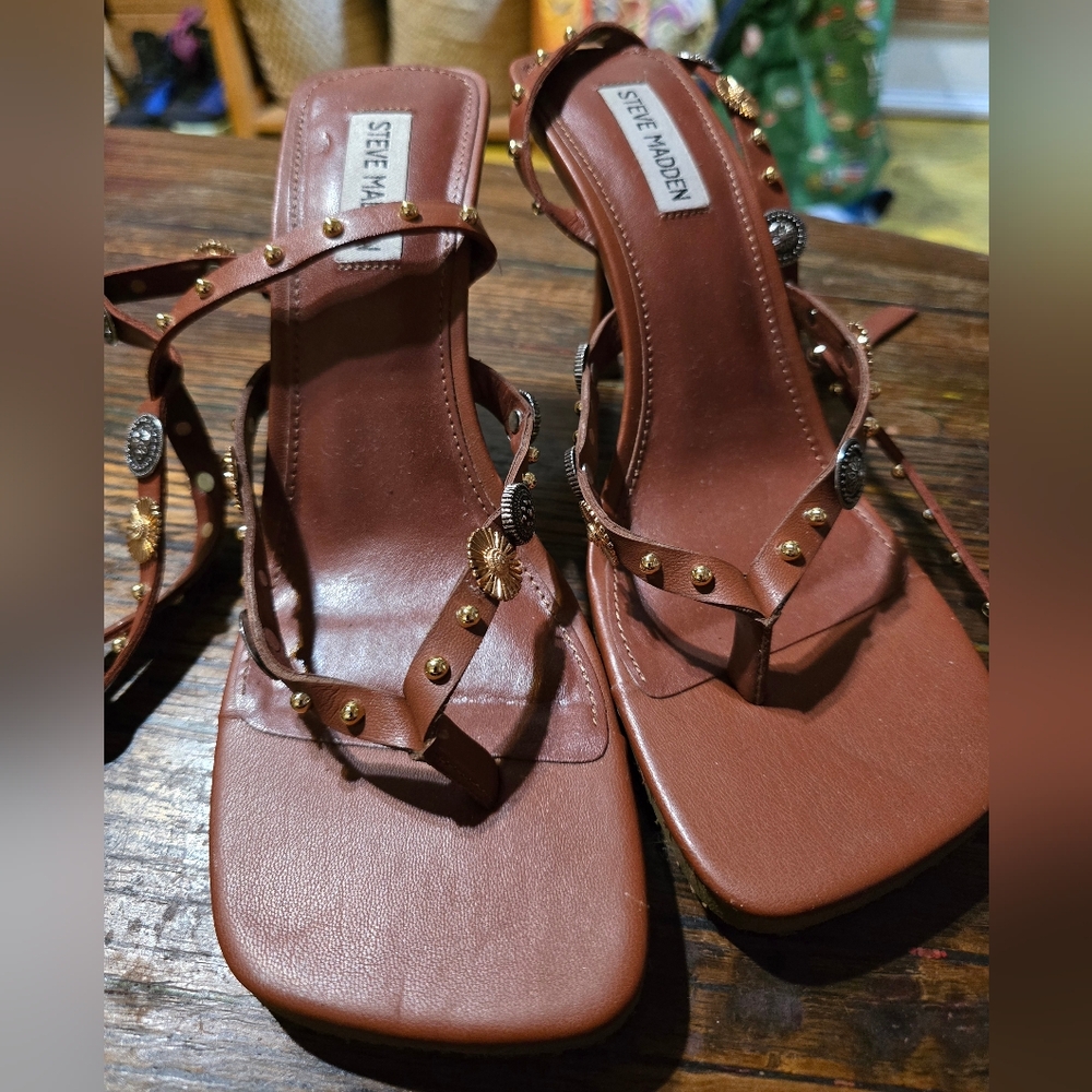 Steve Madden Brown Studded Wrap-Strap High Heel Sandals - Picture 6 of 7